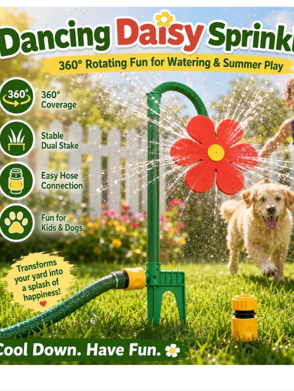 Crazy‎ Daisy sprinkler is a fun, 360-degree rotating sunflower water toy.